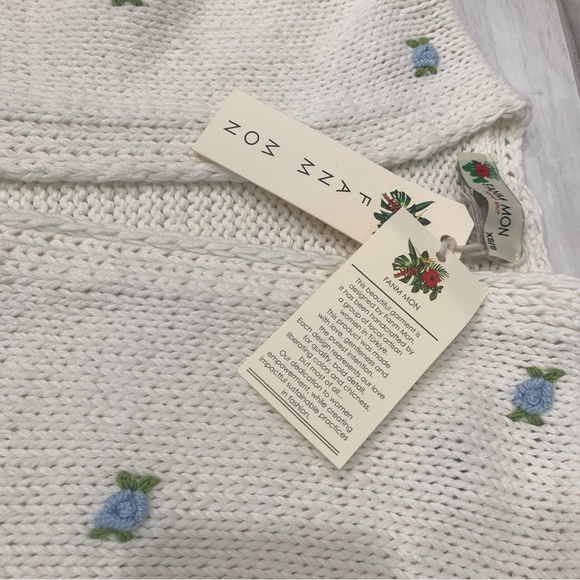 Fanm Mon Hand Knit embroidered blue rose cardigan cotton handcrafted XS/S NEW - Picture 13 of 15